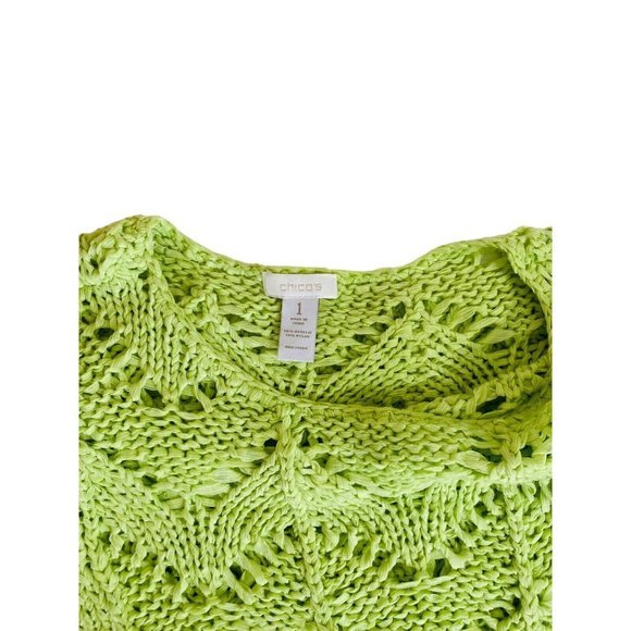 Chico's Women’s Size 0 Crew-neck Open Knit Long Sleeve Crochet Sweater Lime - Picture 5 of 5